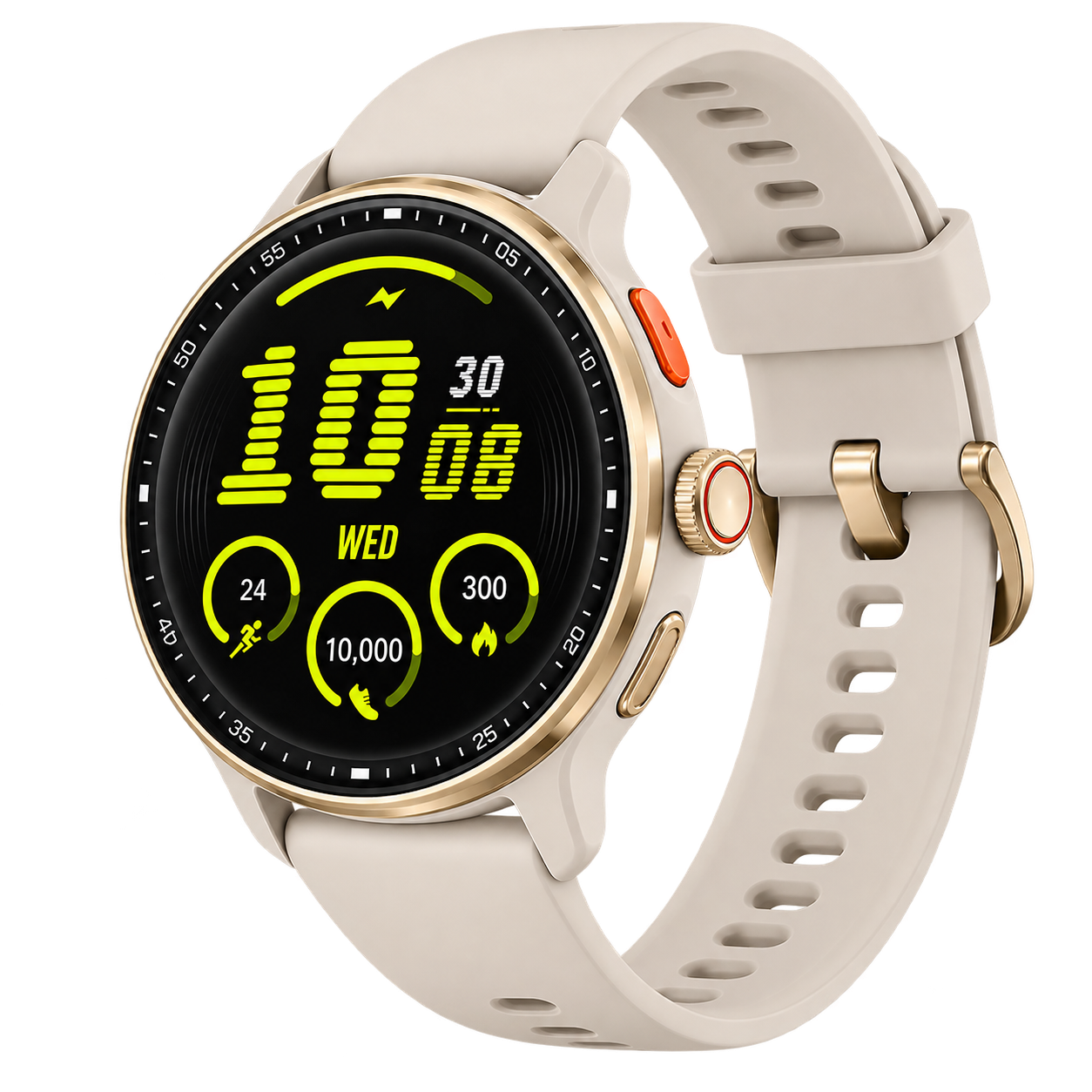 Smartwatch NEXORA com mostrador esportivo em verde tecnológico e pulseira clara