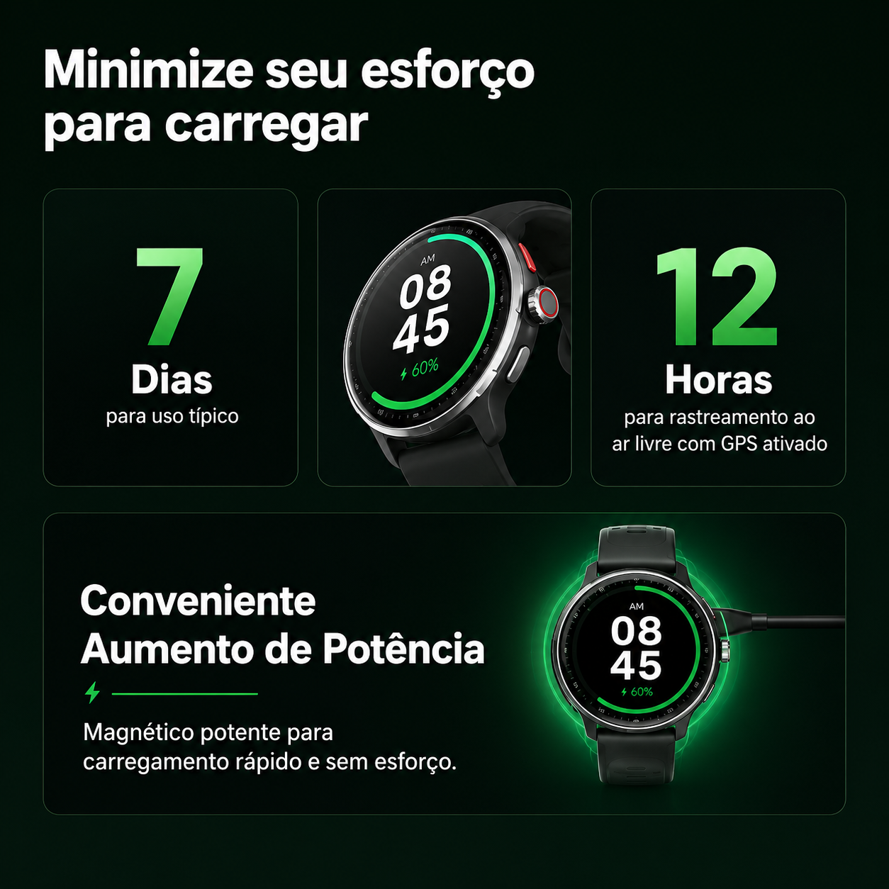 Bateria do SmartWatch NEXORA: até 7 dias de uso típico, até 12 horas com GPS ativo e carregamento magnético
