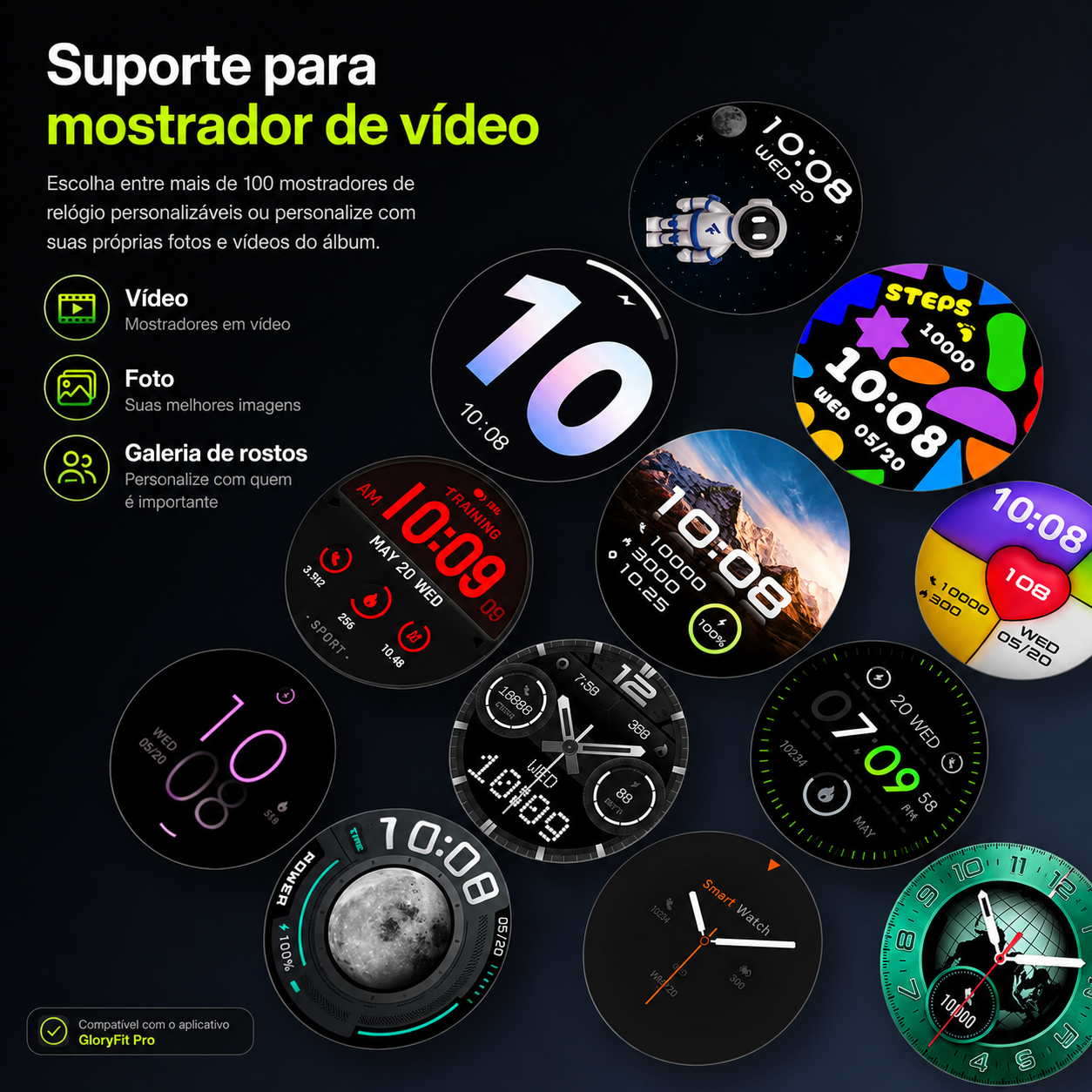 Mais de 100 mostradores personalizáveis do SmartWatch NEXORA em estilos esportivo, minimalista, clássico, digital, colorido e fotográfico