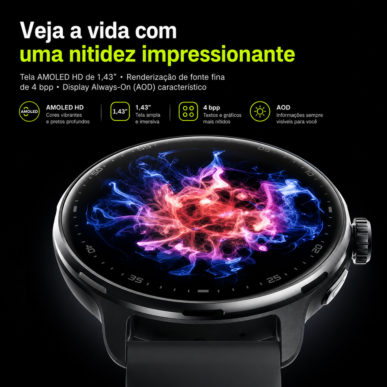 Aproximação da tela AMOLED de 1,43 polegada do SmartWatch NEXORA exibindo cores vibrantes