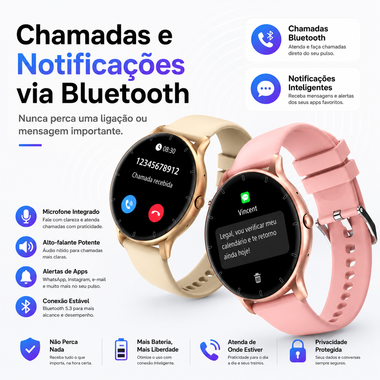 Relógio inteligente NEXORA recebendo chamada e notificação via Bluetooth
