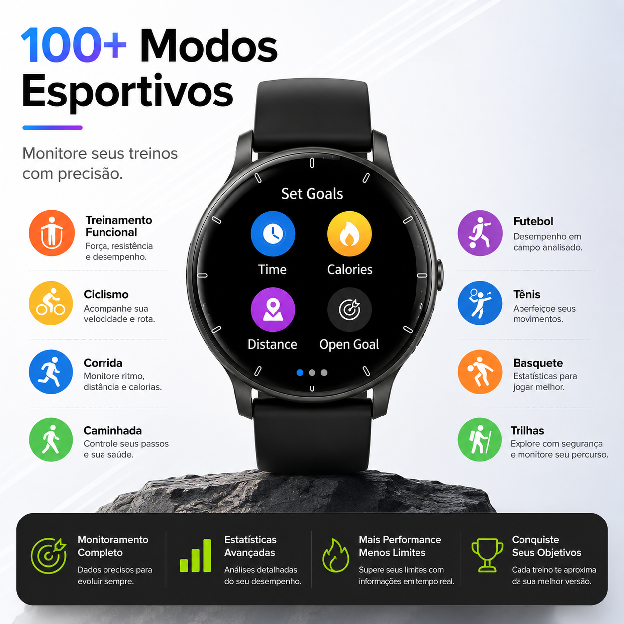 Modos esportivos do relógio inteligente NEXORA com metas de tempo, calorias e distância