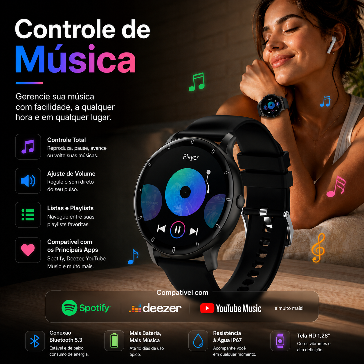 Controle de música pelo relógio inteligente NEXORA