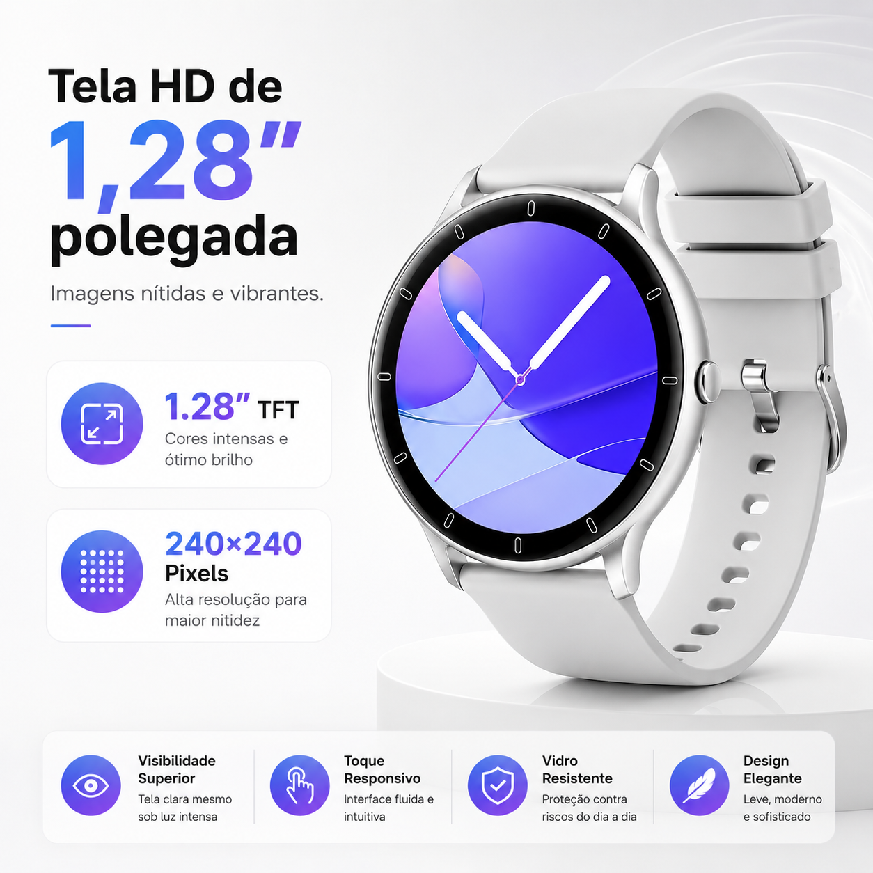 Detalhe da tela HD IPS curva de 1,28 polegada do relógio inteligente NEXORA