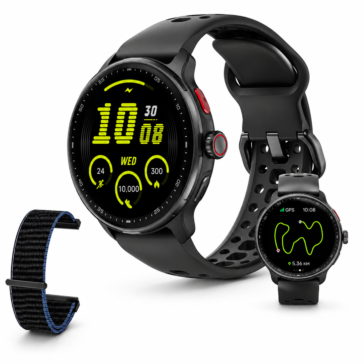 SmartWatch NEXORA na cor Preto com mostrador esportivo verde e pulseira adicional